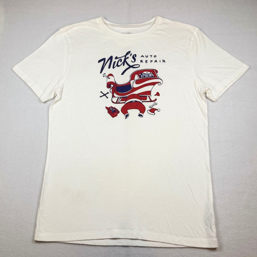 Old Navy Nicks Auto Repair Santa Sleigh Christmas Graphic T-Shirt Cream Small